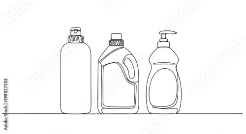 Three cleaning product bottles, a shampoo bottle, a detergent bottle and a dish soap bottle rendered in a single line drawing style