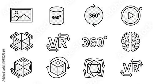 Comprehensive collection of line icons representing virtual reality, augmented reality, and 360-degree immersive digital experiences, ideal for modern technology applications and interface designs
