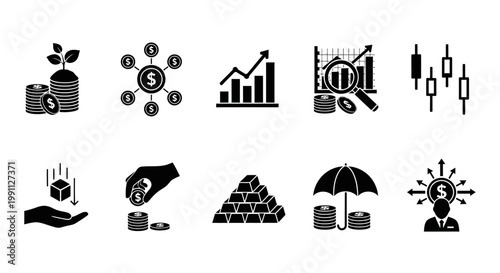 Comprehensive set of essential business and finance icons illustrating investment strategies, market trends, wealth management, and economic growth concepts for various applications