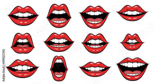 Collection of Diverse Mouth Expressions and Lip Shapes with Red Lipstick, Representing Various Emotions and Communications