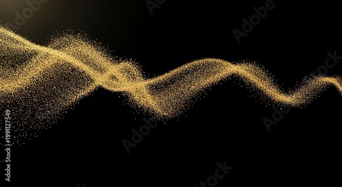 A vibrant golden wave of sparkling particles flows across a dark background