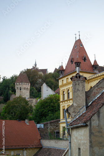  A picturesque view of a town with charming architecture and unique rooftops. Surrounded by lush green hills, the scene captures the essence of peaceful suburban living.