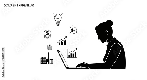 Silhouette of solo entrepreneur with laptop and business icons