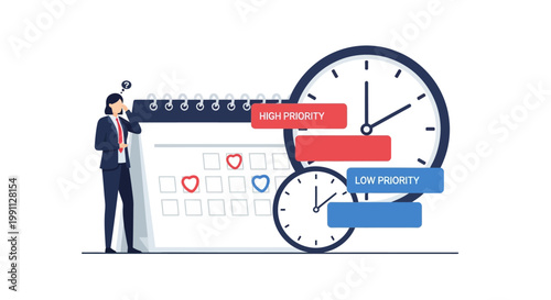 Businesswoman planning priorities with calendar and clocks in flat design
