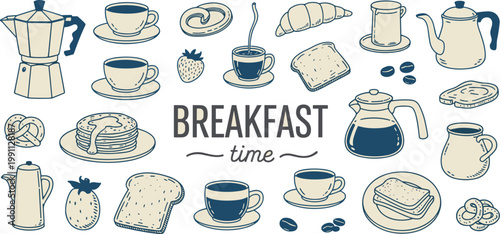 Hand drawn breakfast food and drinks with text breakfast time coffee pancakes toast