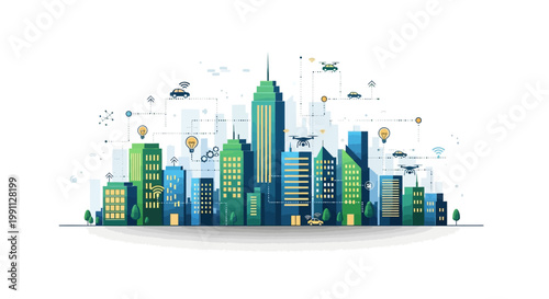 Futuristic smart city concept with digital connectivity and urban innovation