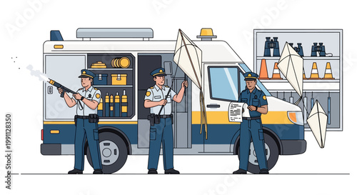 Police officers operating equipment near van in detailed scene