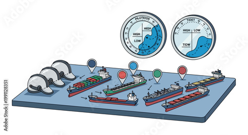 Maritime logistics dashboard with cargo ships, helmets, and tide gauges