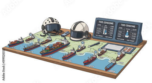 Maritime logistics control center with ships and helmets on world map