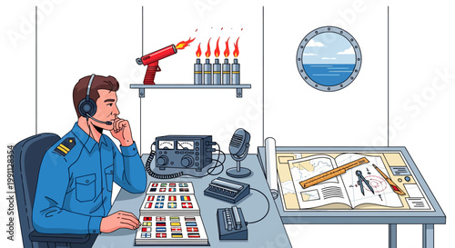 Maritime communication officer in control room with nautical charts and communication equipment