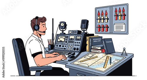 Maritime radio operator monitoring communications at navigation station