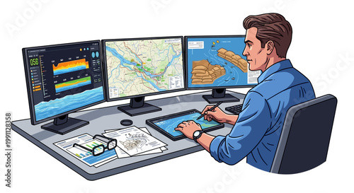 Man analyzing maritime data on monitors and tablet in modern workspace