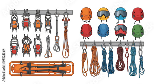 Climbing gear collection: helmets, harnesses, ropes, and rescue essentials