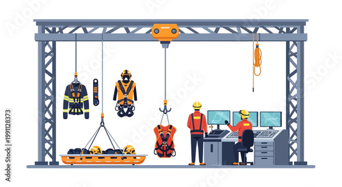 Construction safety equipment and workers at modern rescue training facility
