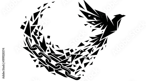 Bird flying out of abstract broken circle.