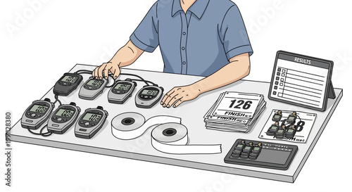 Isometric stopwatch and timing equipment setup display on table