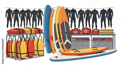 Surf rental shop with paddleboards and wetsuits displayed