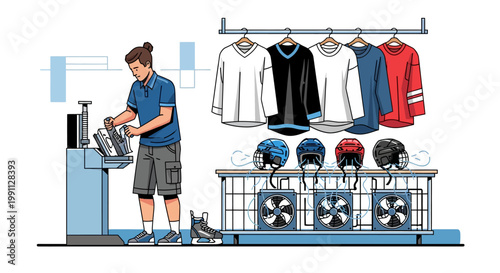 Hockey store equipment management: cleaning helmets and organizing apparel
