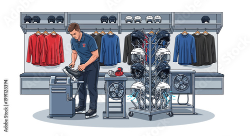 Sports store employee sharpening ice skates in modern equipment room