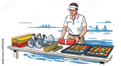 Coach preparing safety equipment by the water during a rowing race