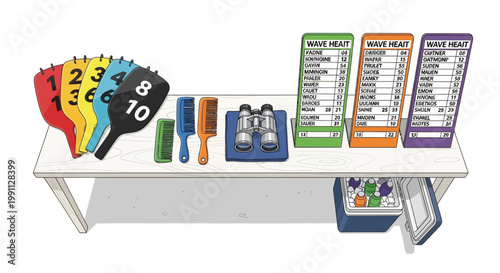 Surf competition gear with colorful number panels and scoreboards on table