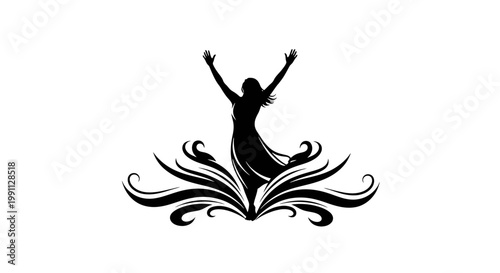 Silhouette of a woman with arms raised in joy and freedom.