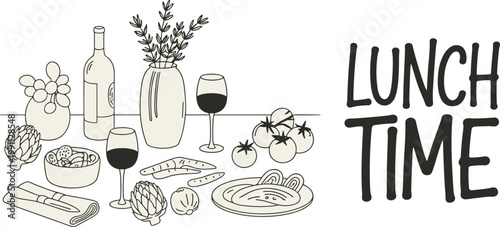 Hand drawn of a table setting with food and wine and the words lunch time grapes