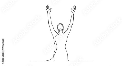Continuous line drawing of a person celebrating.