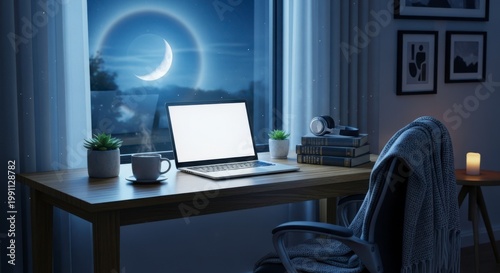 A serene and peaceful home office setup with a laptop and a cup of coffee at night