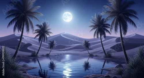 A serene desert oasis under a full moon with palm trees and a tranquil body of water