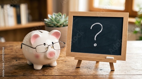 A smart piggy bank wearing glasses next to a blackboard with a question mark and chalk stick
