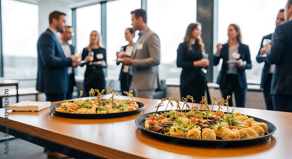 Fototapeta Appetizers and catering food served at an event buffet table with snacks and catering service setup
