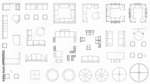 Down view blueprint line of various furniture pieces and arrangements floor plan interior layout