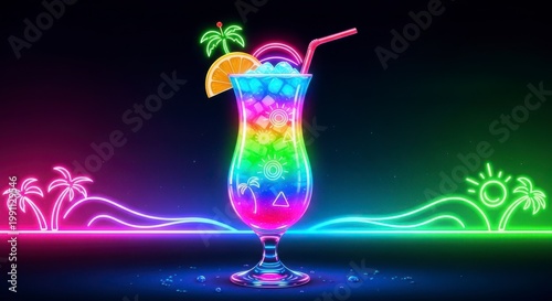 A vibrant neon-lit cocktail glass with colorful drinks and tropical decorations on a dark background