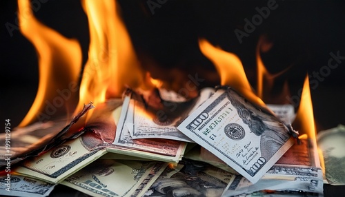dollar bills pile burning in close up over black background burning money on fire fiat inflation concept
