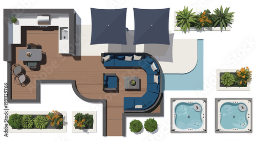Down view of a modern outdoor living space with a sectional sofa hot tubs and plants aerial view blue sofa