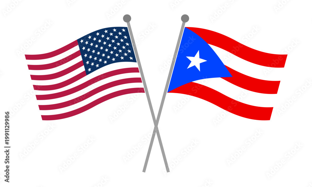 Obraz premium Crossed national flags of United States and Puerto Rico on flagpoles representing diplomatic relations, international partnership and geopolitical cooperation vector illustration