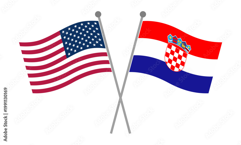 Obraz premium United States and Croatia crossed national flags on flagpoles representing diplomatic relations, international partnership and geopolitical cooperation vector illustration