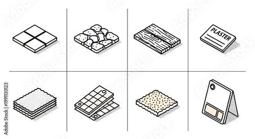 Isometric building materials, tiles, wood, plaster, styles and samples