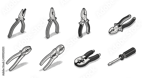 Isometric tools collection: screwdriver and pliers with retro design