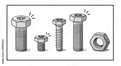 Monochrome pop art screw and bolt collection with comic style accents