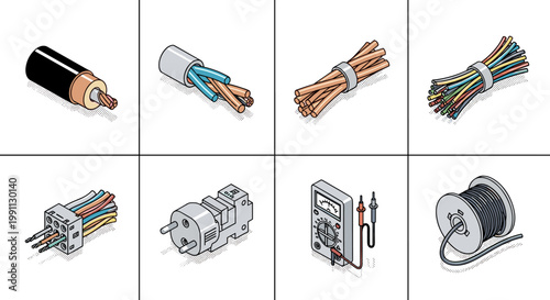 Isometric electrical components set featuring cables, connectors, multimeter, plug