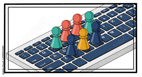 Colorful chess pawns on computer keyboard in isometric design