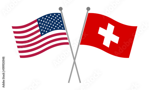 United States and Switzerland crossed national flags on flagpoles representing diplomatic relations, international partnership and geopolitical cooperation vector illustration