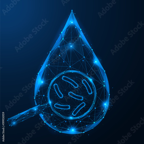 Analysis of polluted water. Drops of water with a magnifying glass, the shapes of a microorganism are visible under the lens.  The concept of infection risks and the need for water quality control.