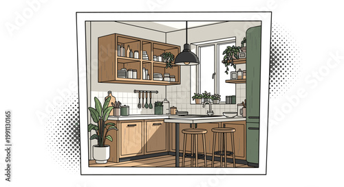 Cozy kitchen interior with plants and wooden cabinets in modern style