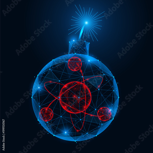 The sphere of atomic detonation. A spherical bomb with a fuse, inside there is an atom with orbits of electrons. A lit wick symbolizes unstable energy and a chain reaction ready to be released.