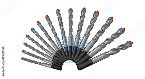 Set of metallic drill bits with tungsten carbide tips in cartoon style