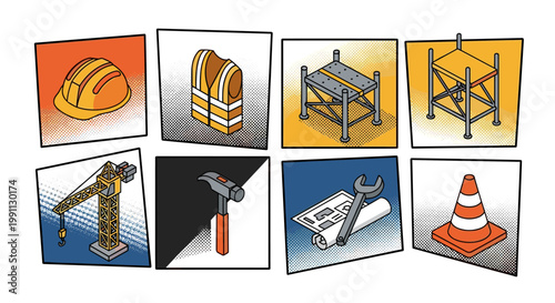 Colorful construction tools and equipment in comic style squares