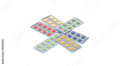 Colorful capsules in blister packs arranged in a cross pattern on white background